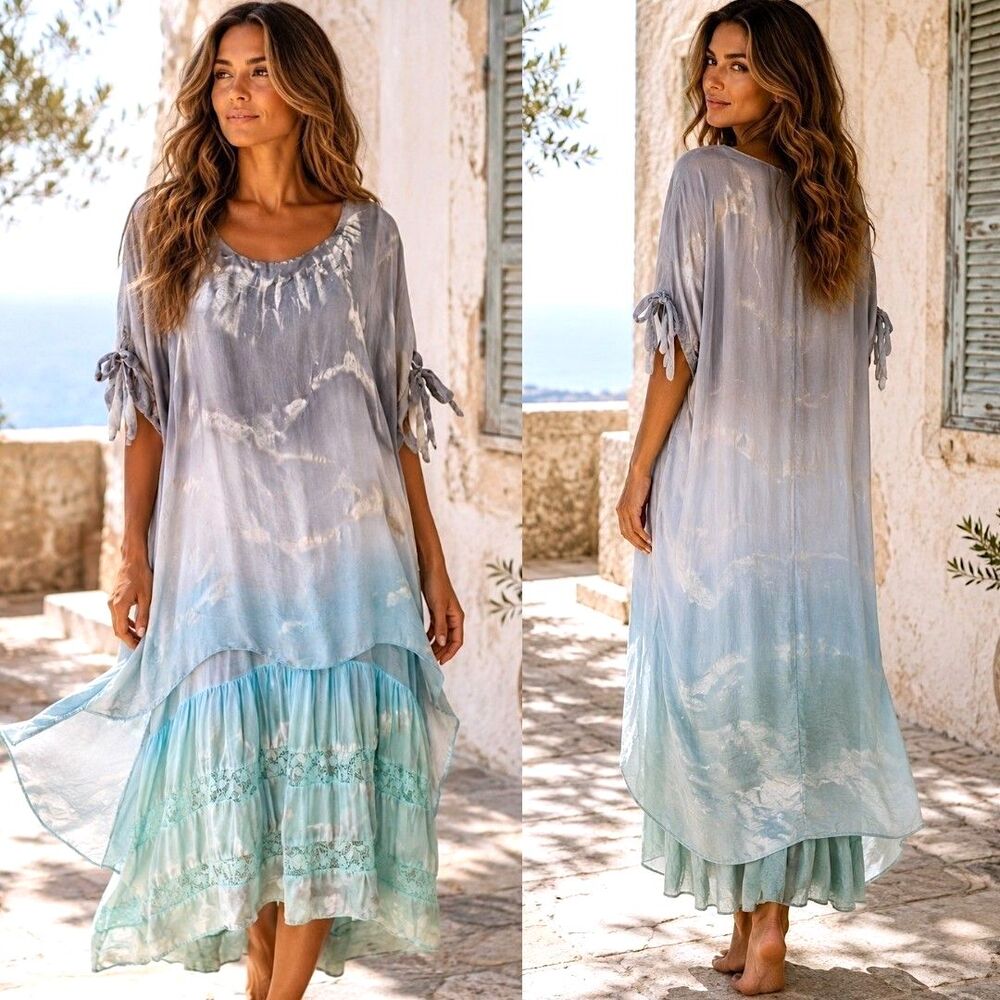 Belle France XL Silk Ombre Lagenlook Dress Italy Boho Romantic Lace Layered Maxi